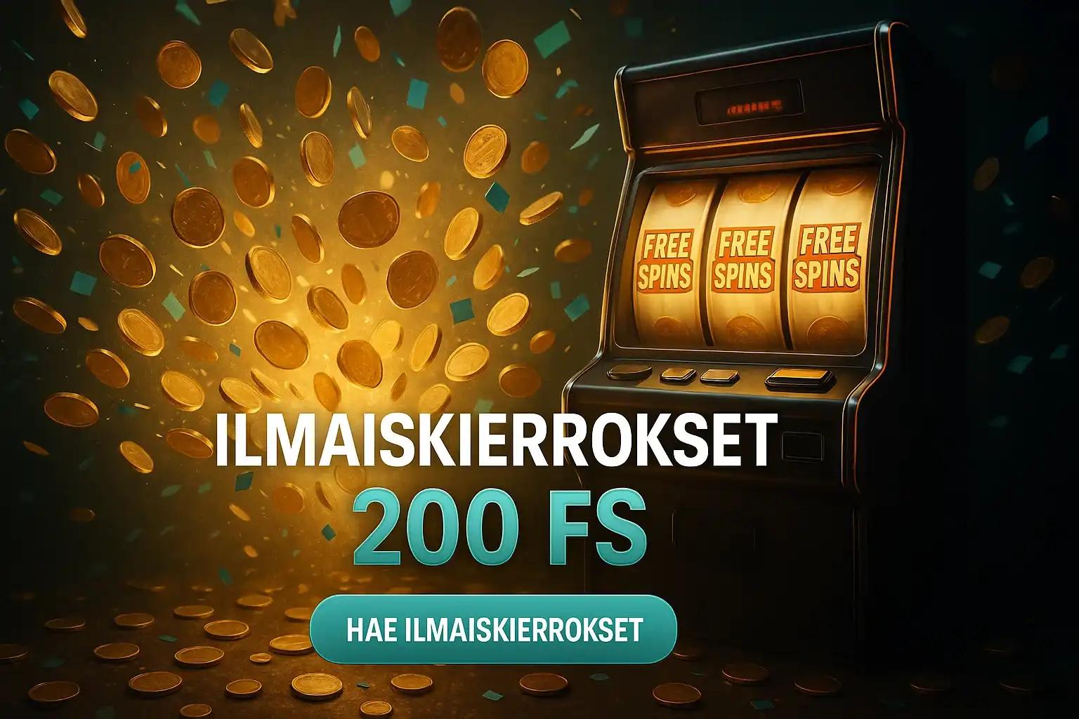 Fotorealistinen suomalainen kasinobanneri, hehkuva kolikkopurske ja 200 ilmaiskierrosta