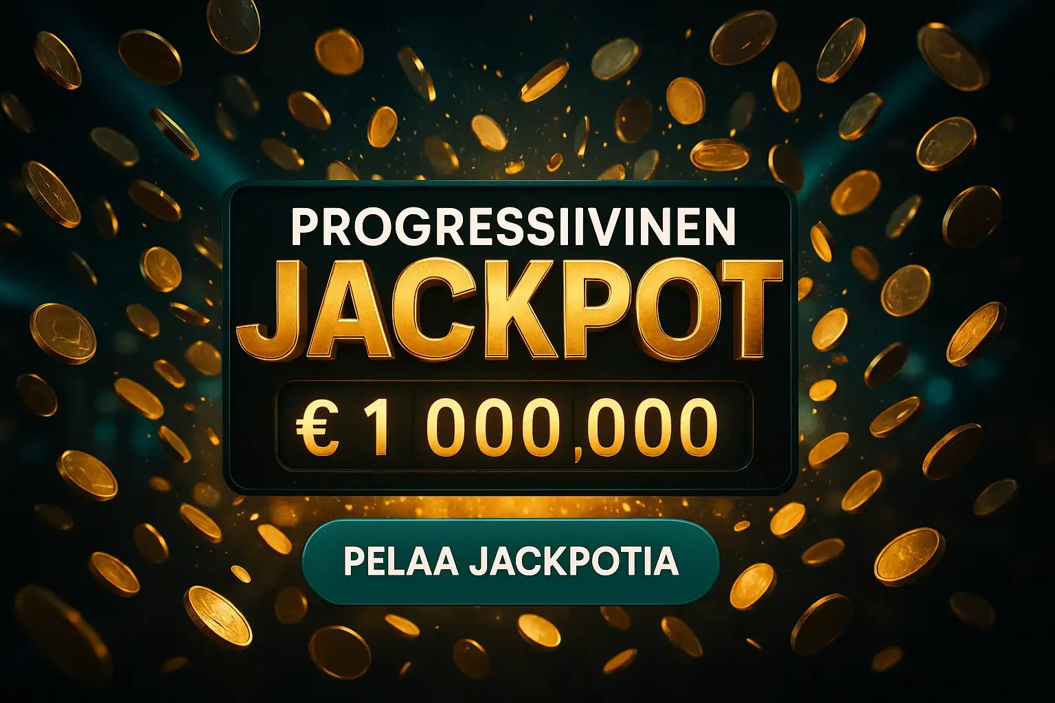 Laaja suomalainen kasinobanneri, progressiivinen jackpot €1 000 000 ja kolikkosade