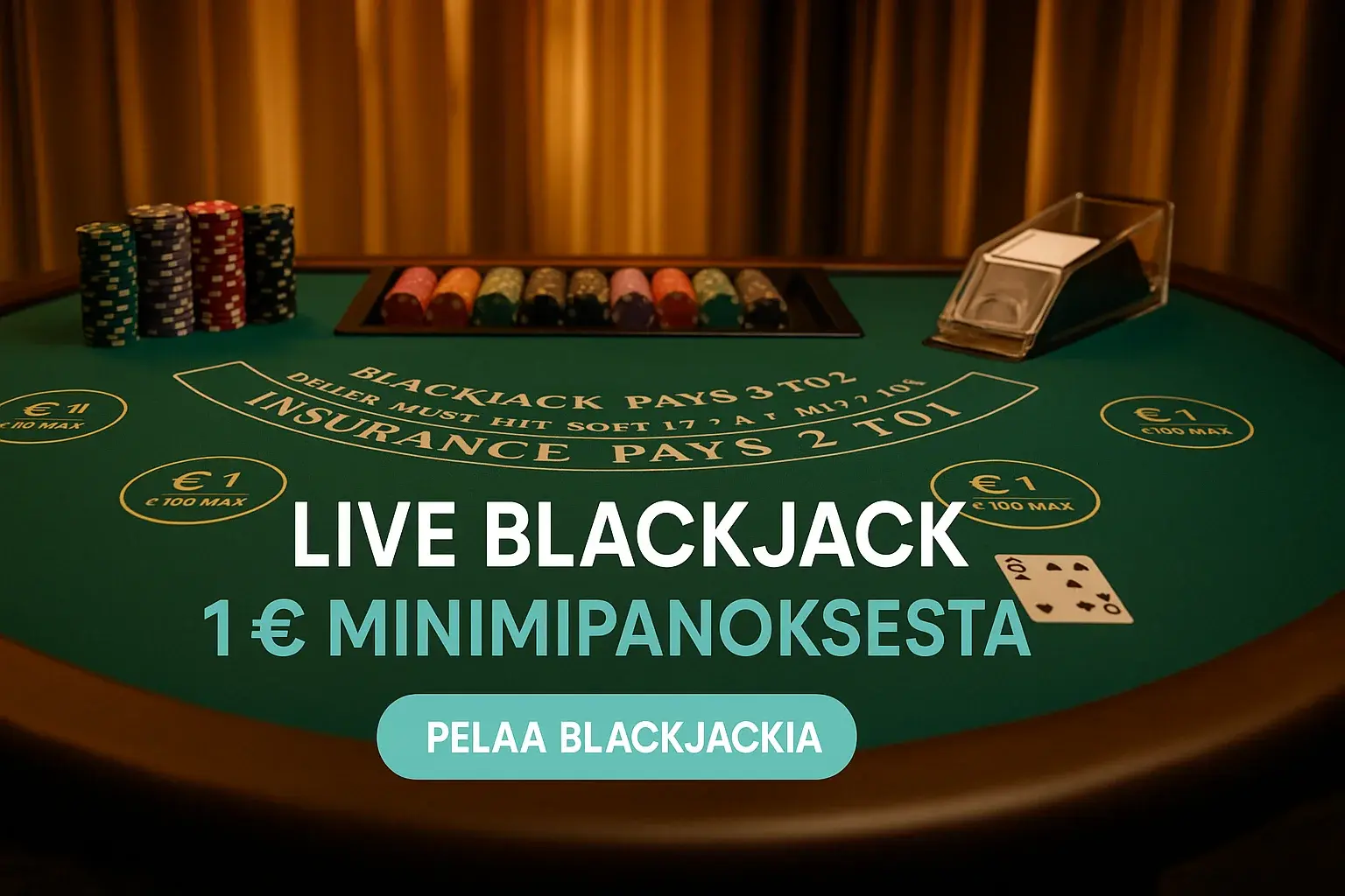 Fotorealistinen live blackjack -pöytämainos, 1 € minimipanoksesta ja pelaa CTA