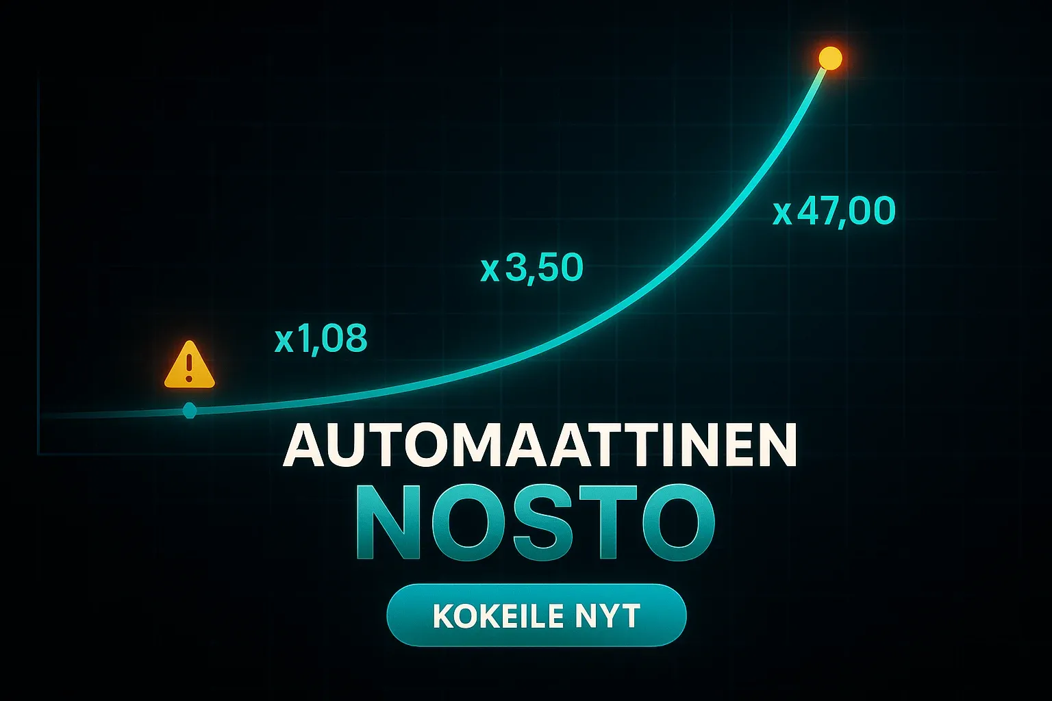 Suomalainen kasinobanneri crash-pelin volatiliteettikaaviolla ja automaattinen nosto CTA