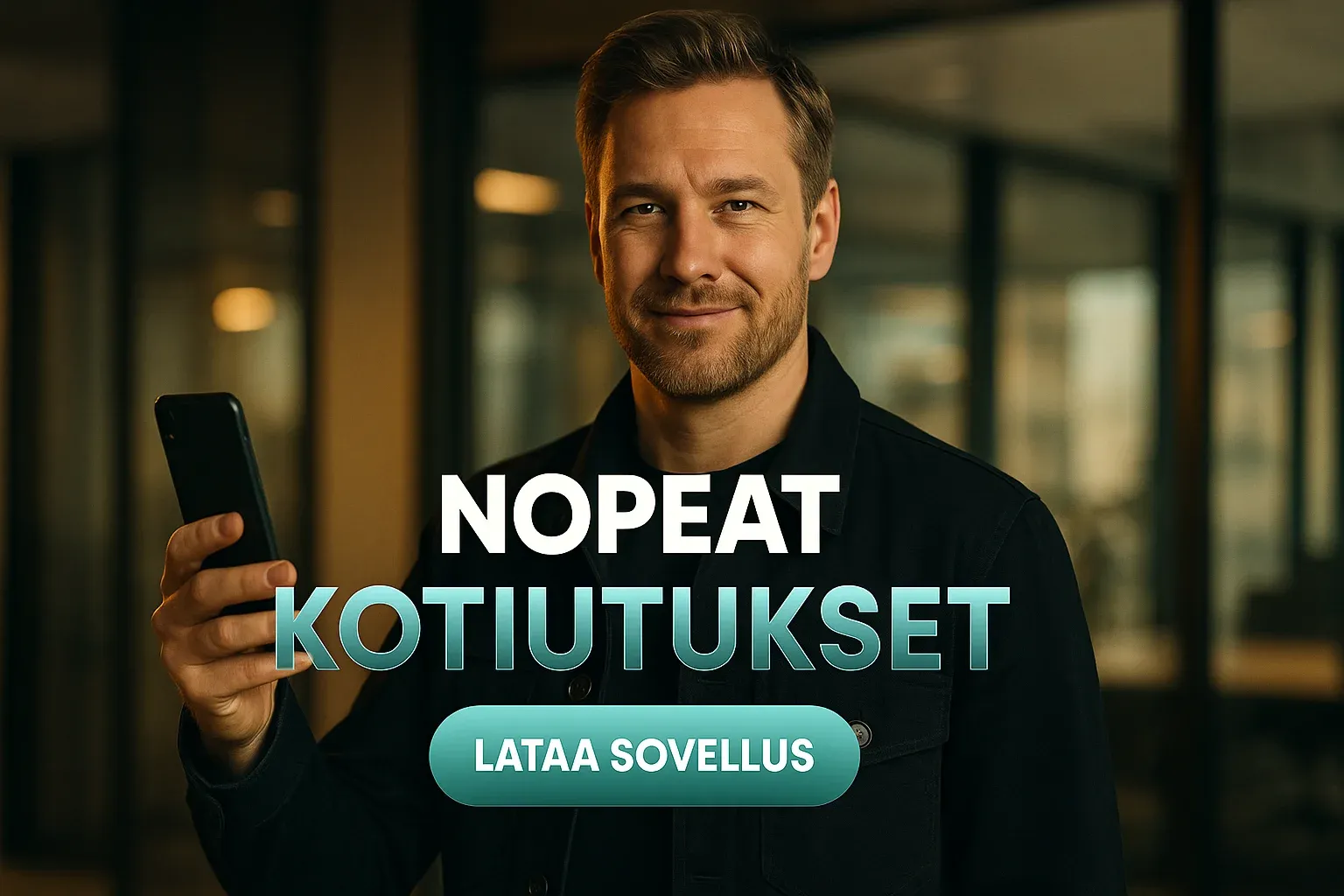 Suomalainen mies pitää älypuhelinta, kasinobanneri tekstillä Nopeat Kotiutukset