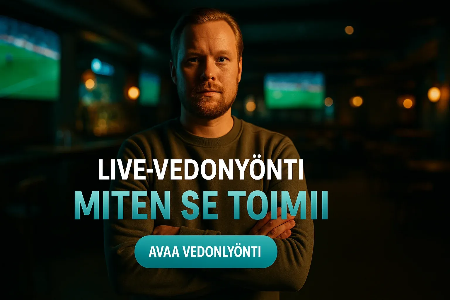 Suomalainen mies urheilubaarissa, live-vedonlyönti mainosbanneri tekstillä ja CTA-painikkeella